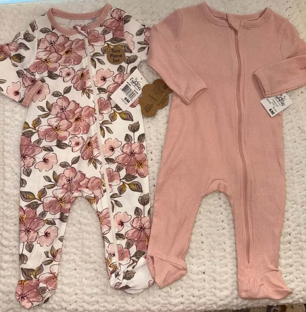 Baby Essentials Two Piece Set Floral and Ribbed Sleeper Pajamas 6M Blush